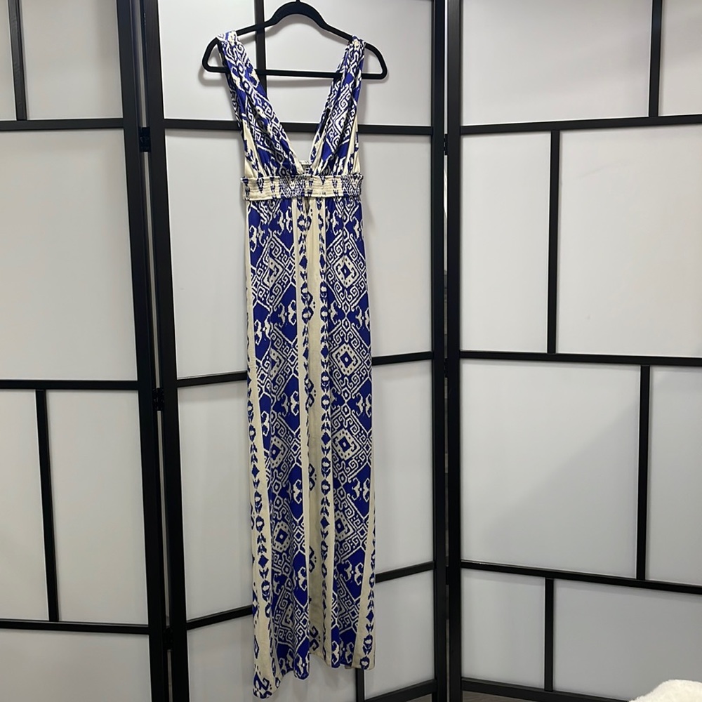 [S] Forever21 Geometric Aztec Print Blue & White Maxi Dress 4 Tropical Vacation!